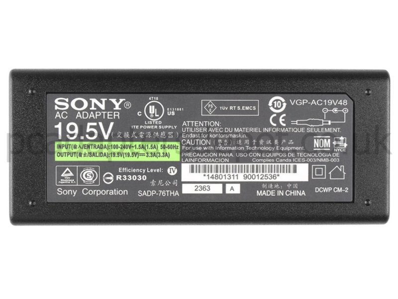 65W Sony Vaio SVF152A1DT SVF152A27T AC Adapter Charger