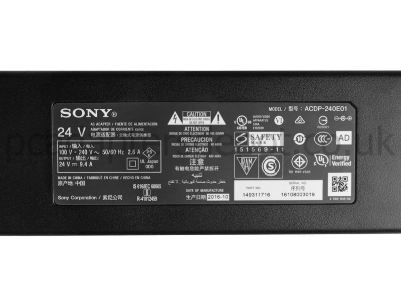 240W Sony KD-65X9400E KD65X9400E AC Adapter Charger + Cord