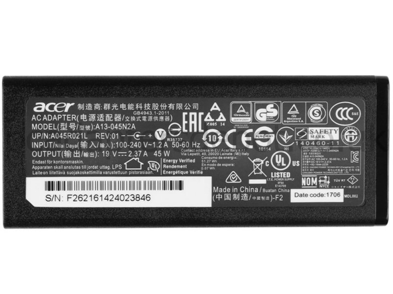 45W Adapter Charger Packard Bell EasyNote LG71BM-C7FW + Cord