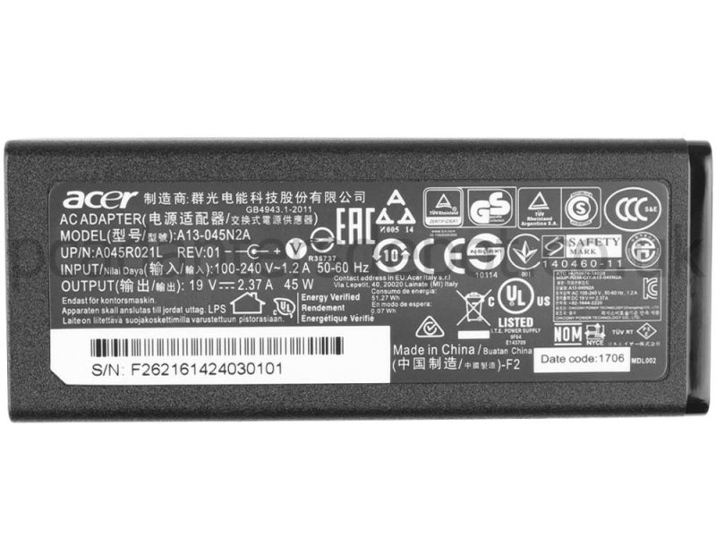 45W Acer Aspire One Cloudbook 11 1-132-C129 AC Adapter + Cord